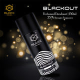 Black Out perfume bottle by Majestic Perfumes India, sleek black design with elegant branding, on a neutral background.
