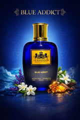 Blue Addict 100ML perfume bottle by Majestic Perfumes India, featuring a sleek blue design and elegant packaging.