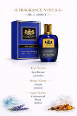 Blue Addict perfume bottle by Majestic Perfumes India, 100ML, with a sleek blue design and elegant packaging.