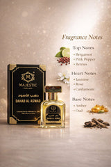 Majestic Perfumes India Dahab Al Aswad 20ml perfume bottle with black and gold design on a white background