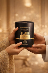 Elegant bottle of Majestic Perfumes India Flair Gold 100ML perfume, showcasing its luxurious gold packaging and sleek design.