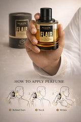 Gold-flavored perfume bottle labeled Flair Gold 100ML by Majestic Perfumes India, with a sleek gold and black design.