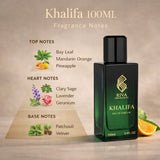 Majestic Perfumes India Khalifa 100ML perfume bottle with elegant design and clear glass showcasing the fragrance inside.