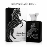 Majestic Perfumes India Sultan Silver 100ml perfume bottle with silver detailing and elegant design.