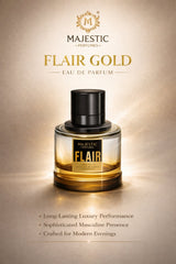 Majestic Perfumes India Flair Gold 100ML perfume bottle with gold accents and elegant packaging.