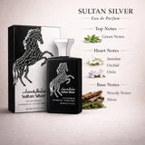 Sultan Silver perfume bottle from Majestic Perfumes India, 100ml, elegant silver packaging with a sleek design.