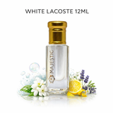 White Lacoste perfume bottle in 12ml size from Majestic Perfumes India, featuring a sleek white design and elegant branding.