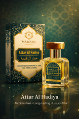 Attar Al Hadiya 20ML perfume bottle by Majestic Perfumes India, featuring a clear glass container with a gold cap.