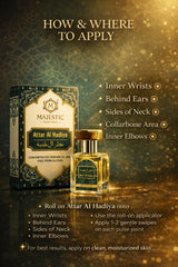 Attar Al Hadiya 20ML by Majestic Perfumes India, fragrance bottle with elegant design and clear label, on a white background.