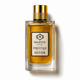 Majestic Perfumes India Prestige Silver 100ml perfume bottle with sleek silver design on a white background