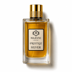 Majestic Perfumes India Prestige Silver 100ml perfume bottle with sleek silver design on a white background