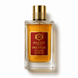 Majestic Perfumes India Prestige Gold 100ml perfume bottle with gold accents and elegant design.