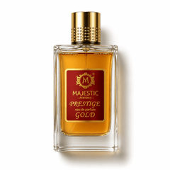 Majestic Perfumes India Prestige Gold 100ml perfume bottle with gold accents and elegant design.
