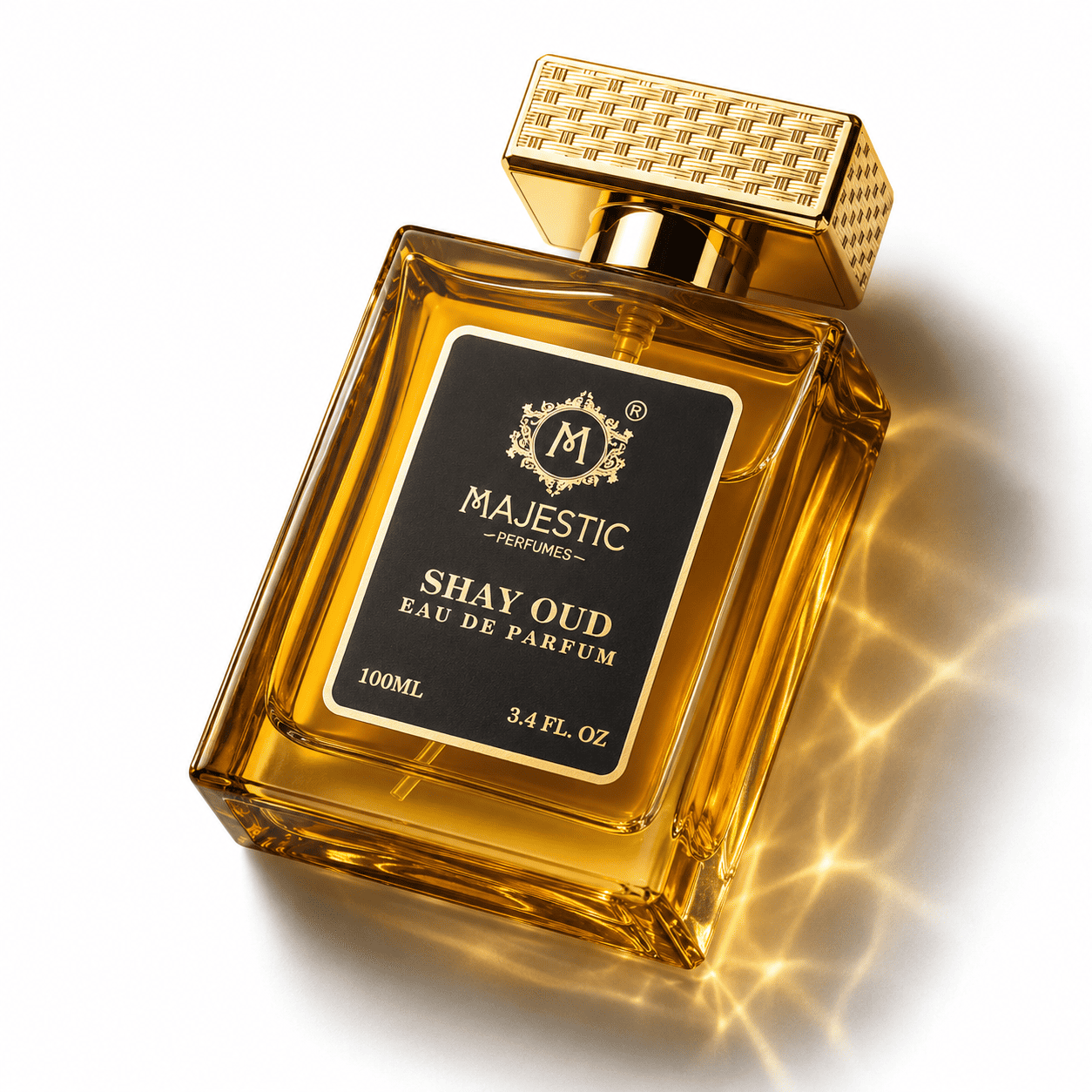 Majestic Perfumes India Shay Oud 100ml bottle with intricate gold accents and elegant packaging.