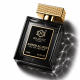 Majestic Perfumes India Ameer Al Oud 100ml perfume bottle with ornate design and gold accents on a neutral background.