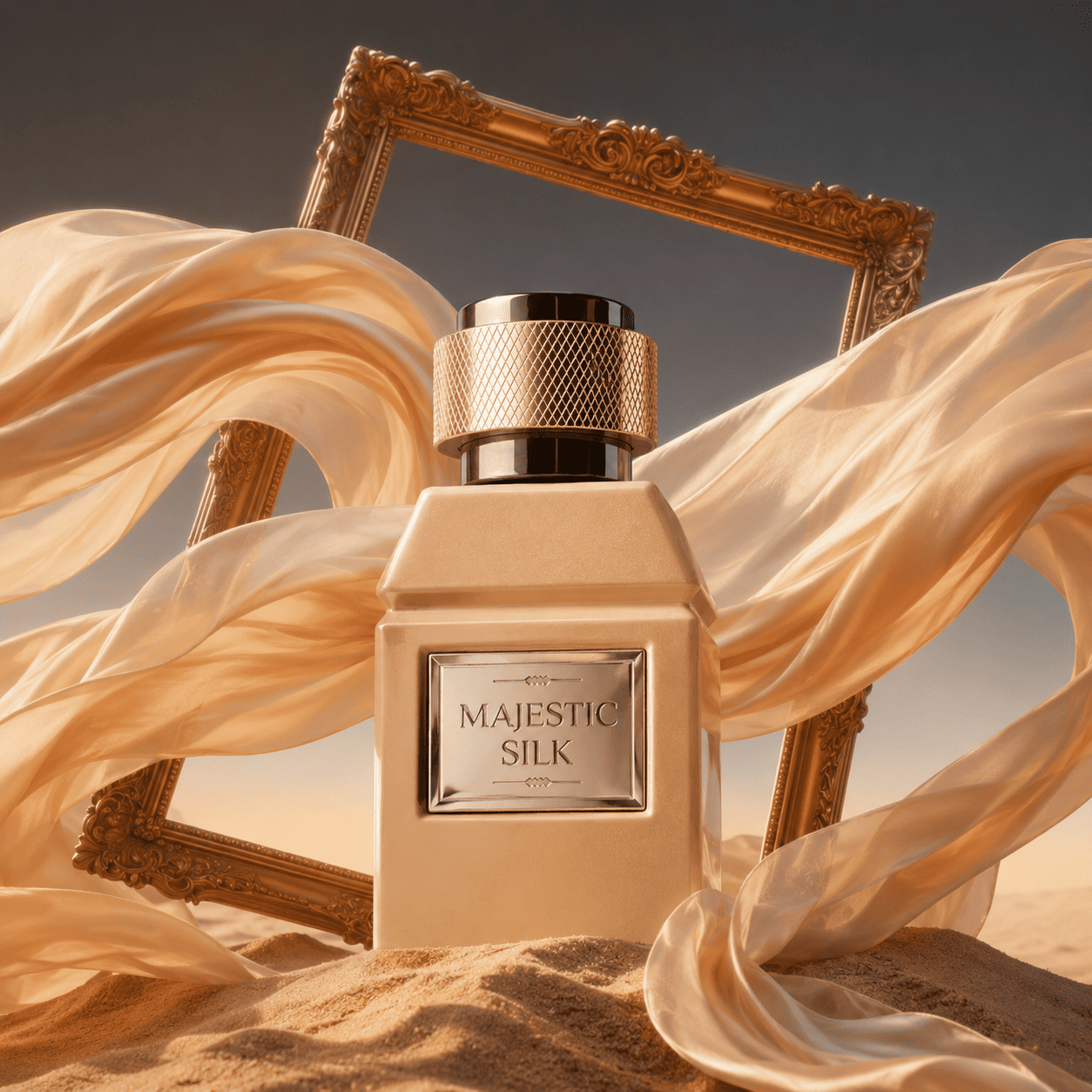 Elegant 80ml bottle of Majestic Silk Eau de Parfum by Majestic Perfumes India, showcasing the luxurious perfume packaging.