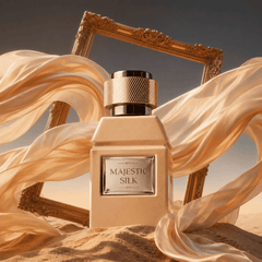 Elegant 80ml bottle of Majestic Silk Eau de Parfum by Majestic Perfumes India, showcasing the luxurious perfume packaging.
