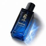 Royal 100ML perfume bottle by Majestic Perfumes India, sleek design with a gold cap and elegant label.