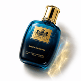 Green Radiance 100ml perfume bottle by Majestic Perfumes India, featuring a sleek green design and elegant cap.