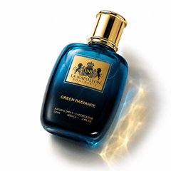 Green Radiance 100ml perfume bottle by Majestic Perfumes India, featuring a sleek green design and elegant cap.
