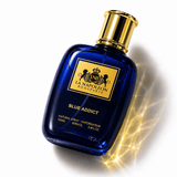 Blue Addict perfume bottle by Majestic Perfumes India, featuring a sleek blue design and elegant fragrance packaging.