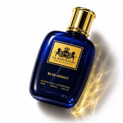 Blue Addict perfume bottle by Majestic Perfumes India, featuring a sleek blue design and elegant fragrance packaging.
