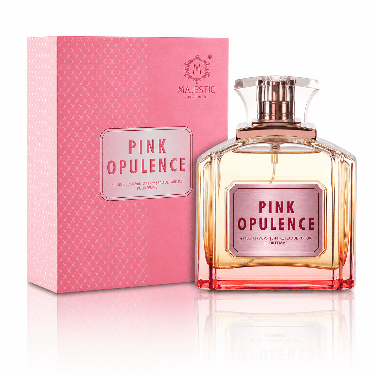 Pink Opulence 100ML perfume by Majestic Perfumes India, featuring a pink fragrance bottle with elegant design.