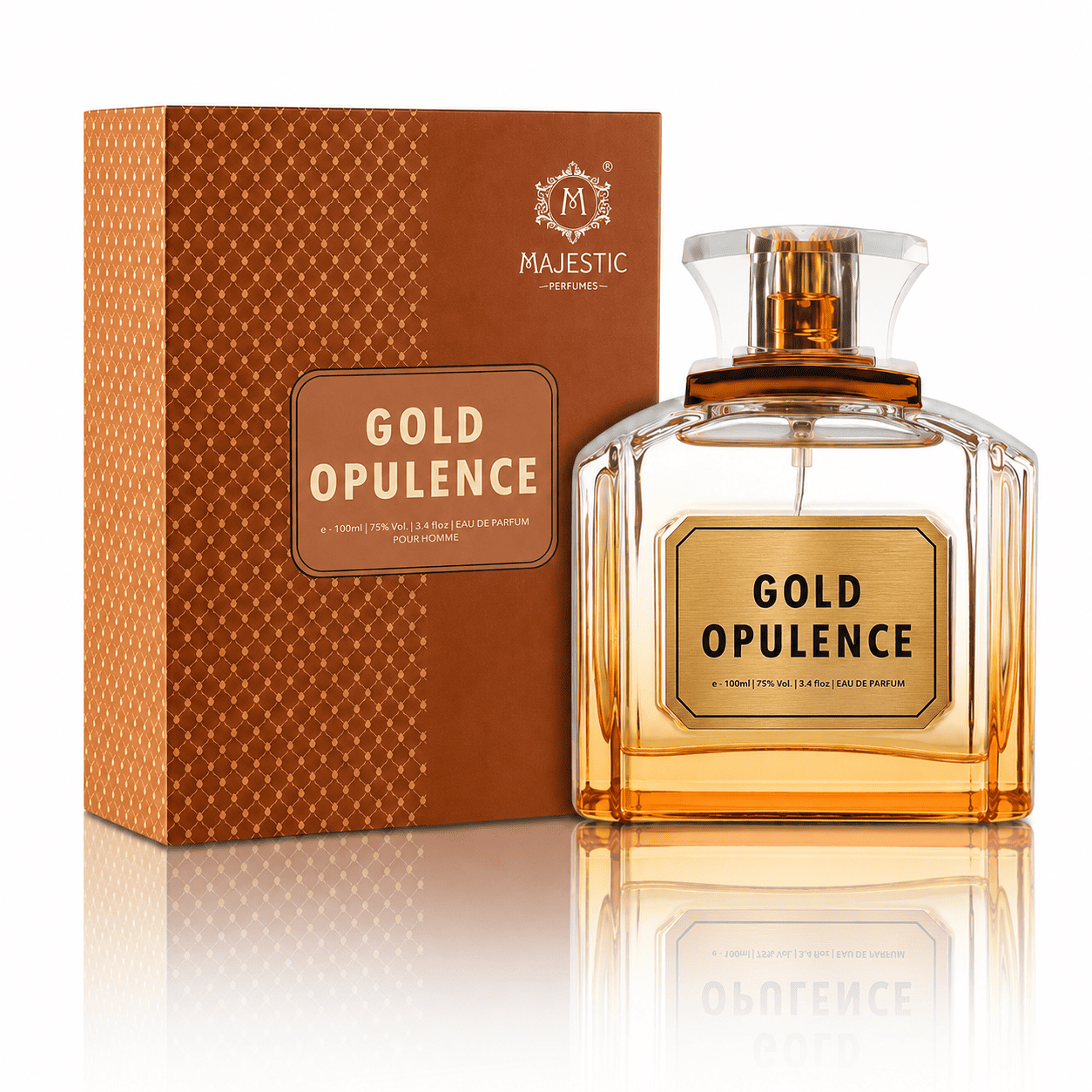 Gold Opulence 100ml perfume bottle by Majestic Perfumes India, elegant gold-colored glass with a sleek design.