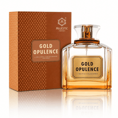 Gold Opulence 100ml perfume bottle by Majestic Perfumes India, elegant gold-colored glass with a sleek design.