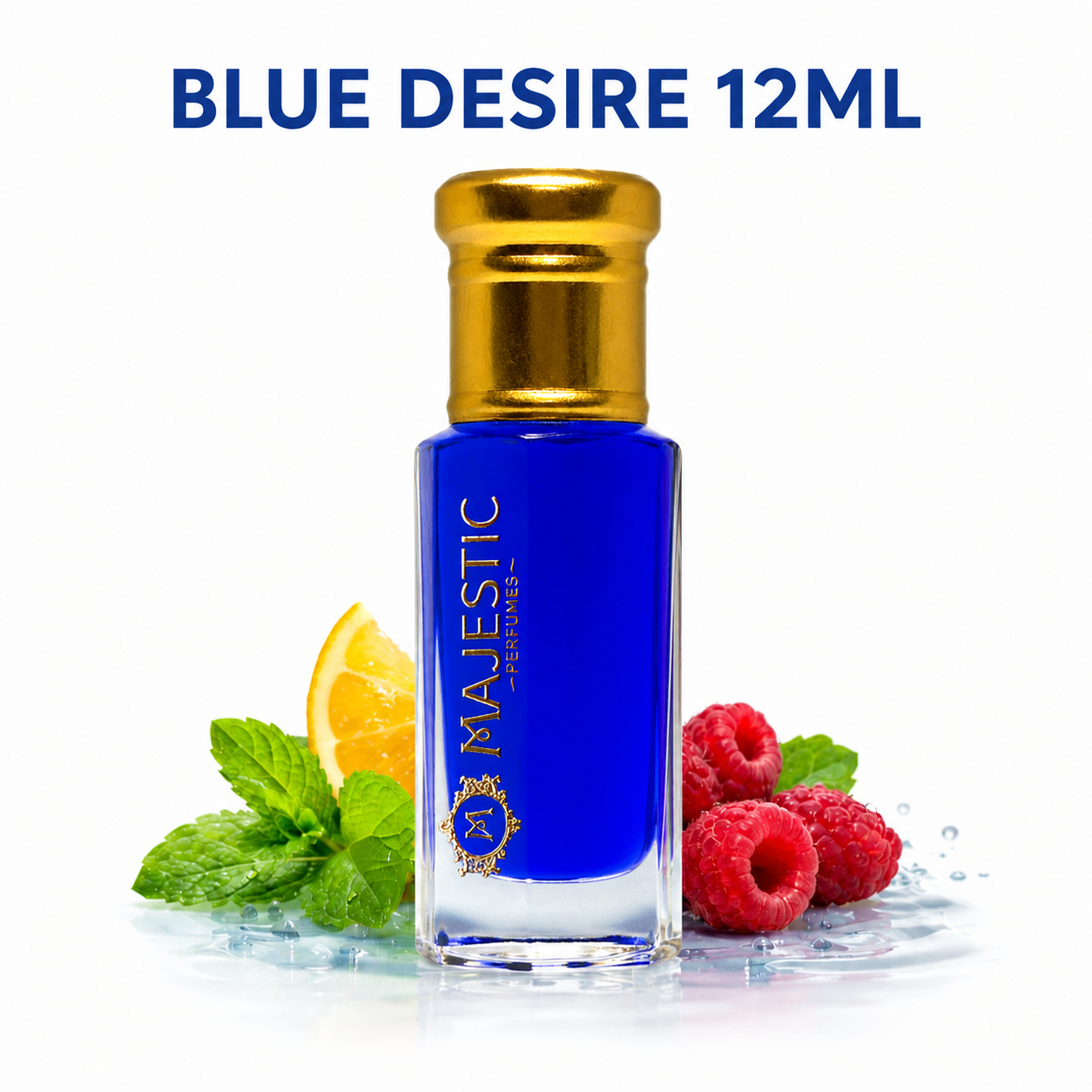 Blue Desire 12ml perfume by Majestic Perfumes India, featuring a sleek blue bottle with elegant design.