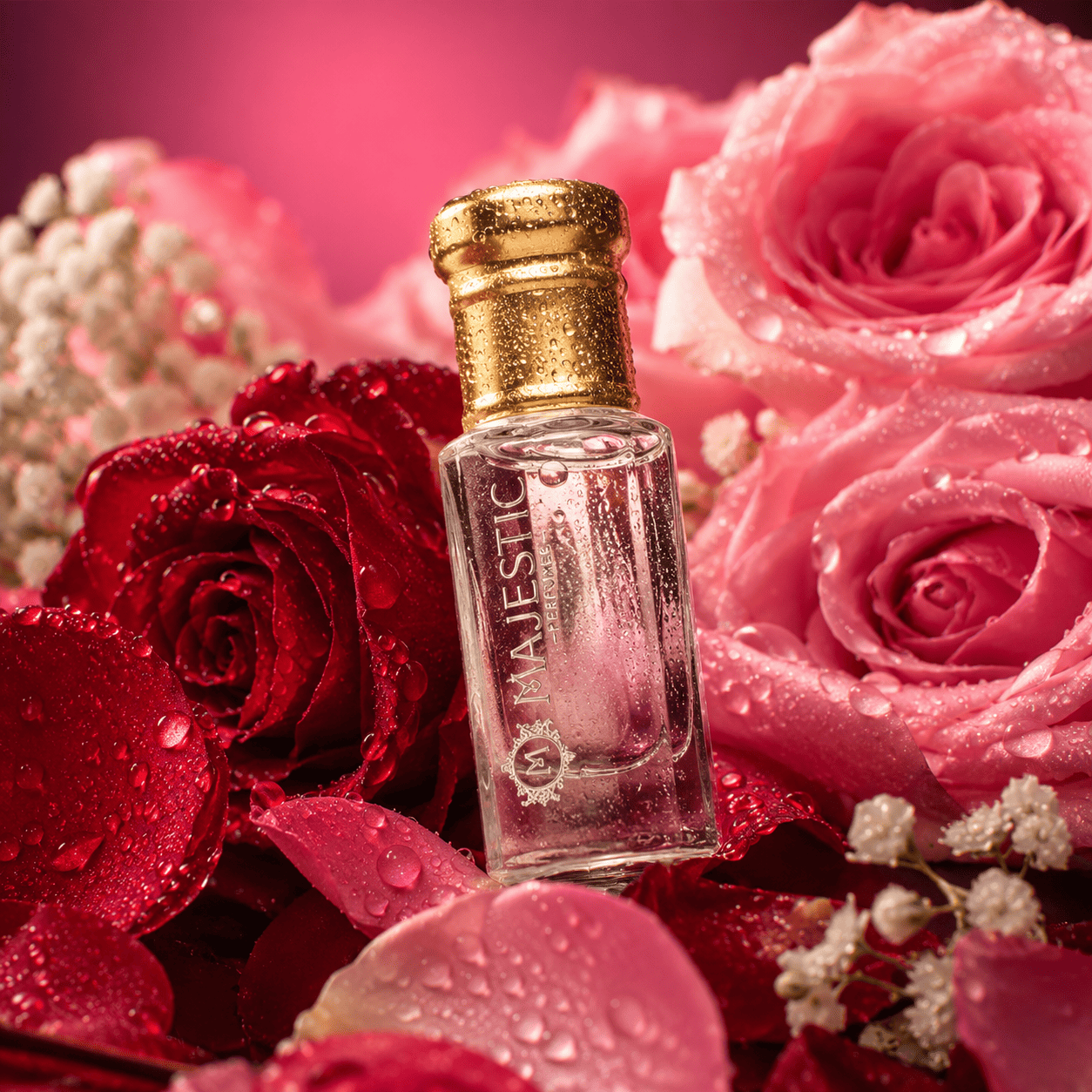Majestic Perfumes India Ruh Gulab 12ml perfume bottle with pink floral design and elegant packaging.