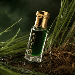 Majestic Perfumes India Ruh Khus 12ml perfume bottle with clear packaging and elegant design for aromatic scent.