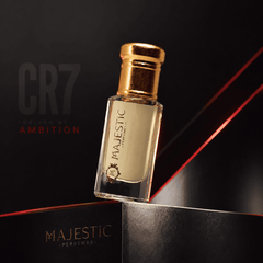 CR7 12ML perfume bottle by Majestic Perfumes India, sleek glass container with Cristiano Ronaldo branding and silver accents.