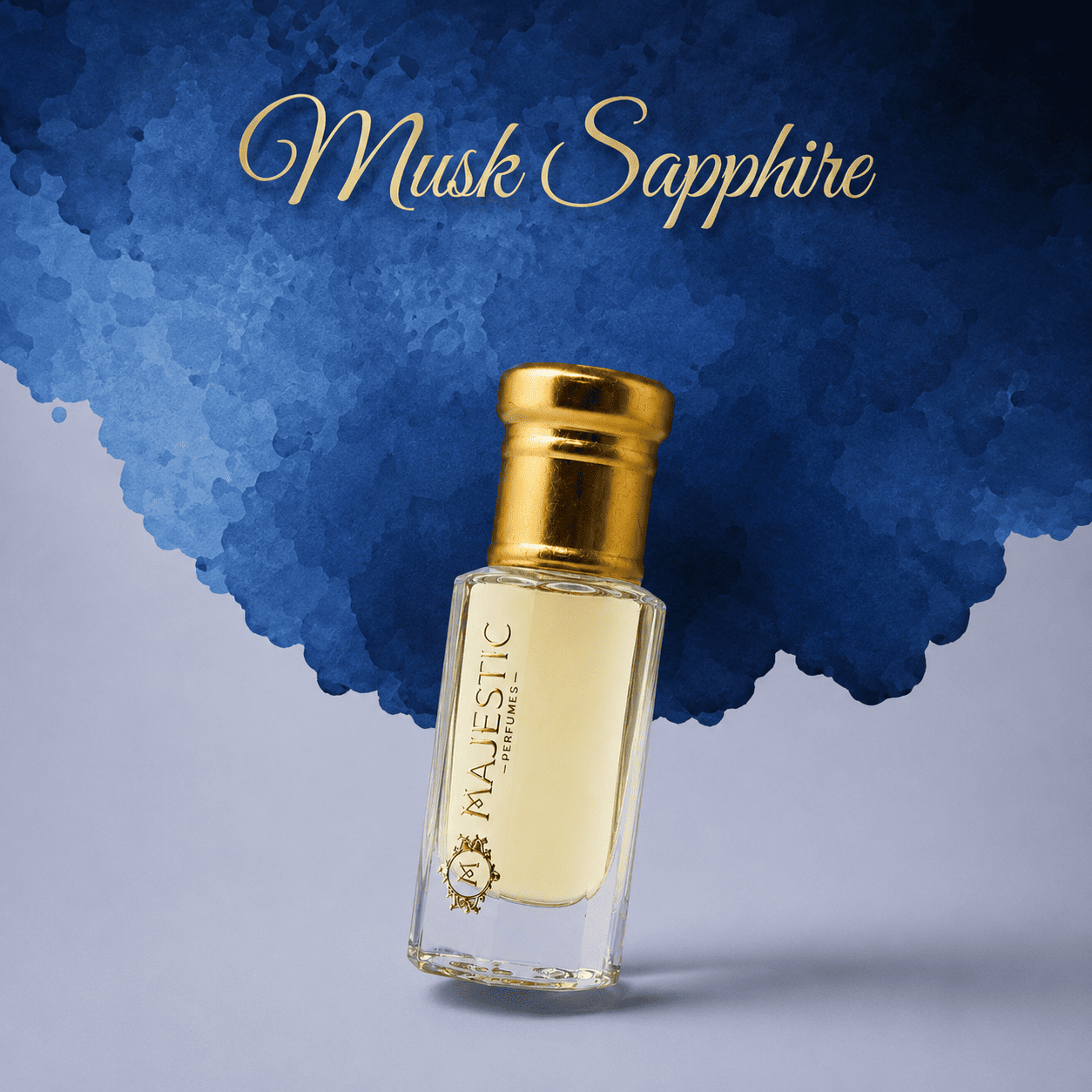 Majestic Perfumes India Musk Sapphire 12ml perfume bottle with elegant design and blue accents on a white background.