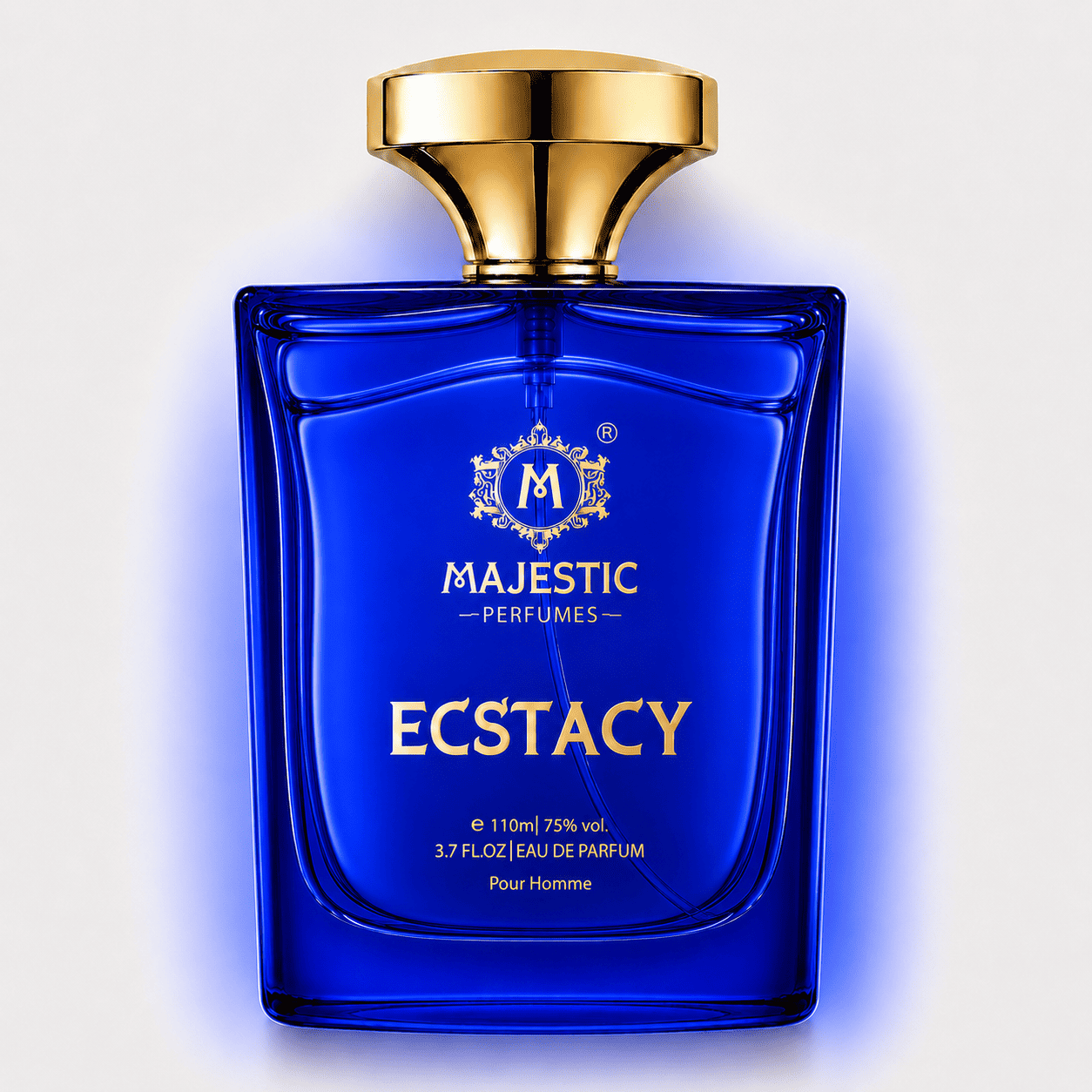 Majestic Perfumes India Ecstacy Blue 110ML perfume bottle with a sleek design and blue accents, displayed on a white background.