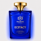 Majestic Perfumes India Ecstacy Blue 110ML perfume bottle with a sleek design and blue accents, displayed on a white background.