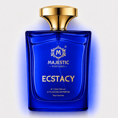 Majestic Perfumes India Ecstacy Blue 110ML perfume bottle with a sleek design and blue accents, displayed on a white background.