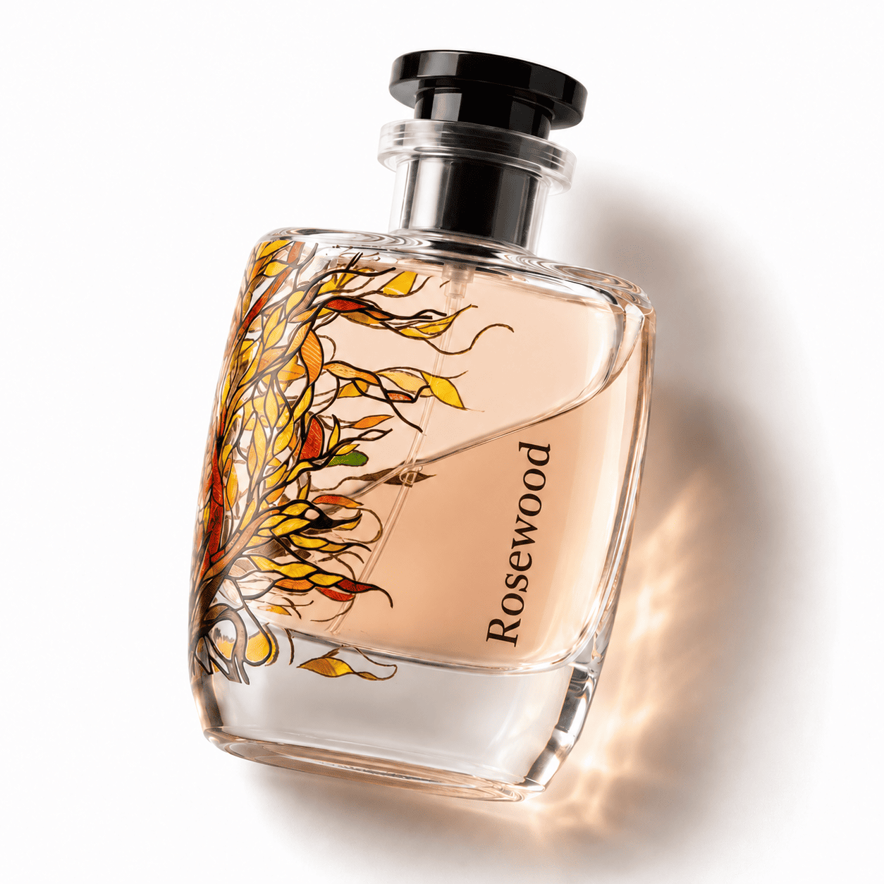 Rosewood Eau de Parfum by Majestic Perfumes India in a 100ml bottle, featuring a sleek glass design with a rosewood-colored cap.