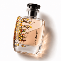 Rosewood Eau de Parfum by Majestic Perfumes India in a 100ml bottle, featuring a sleek glass design with a rosewood-colored cap.