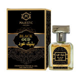 Black Oud 20ML perfume in a luxurious gift box by Majestic Perfumes India, featuring a sleek black bottle and elegant packaging.