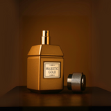 Golden 80ml bottle of Majestic Gold perfume by Majestic Perfumes India, showcasing elegant packaging and golden accents.