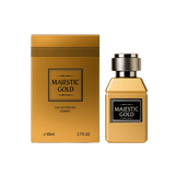 Golden-colored perfume bottle of Majestic Gold 80ml by Majestic Perfumes India, with a sleek and elegant design.