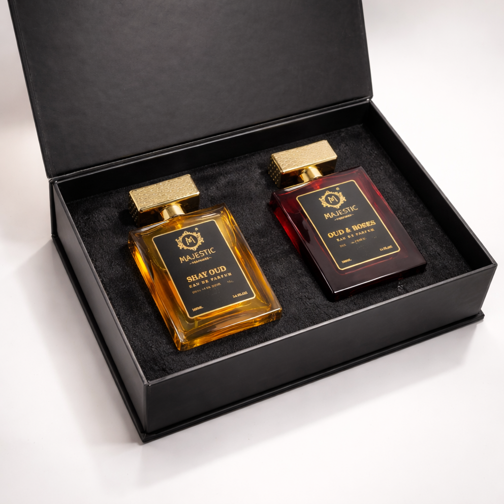 Luxury Oud perfume gift set by Majestic Perfumes India displayed in an elegant box with perfume bottles and decorative packaging.