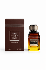 Bottle of Majestic Aura Eau de Parfum by Majestic Perfumes India with elegant packaging and branding visible.