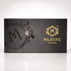Close-up of Majestic Perfumes India's Oud gift set box with elegant packaging and decorative elements.
