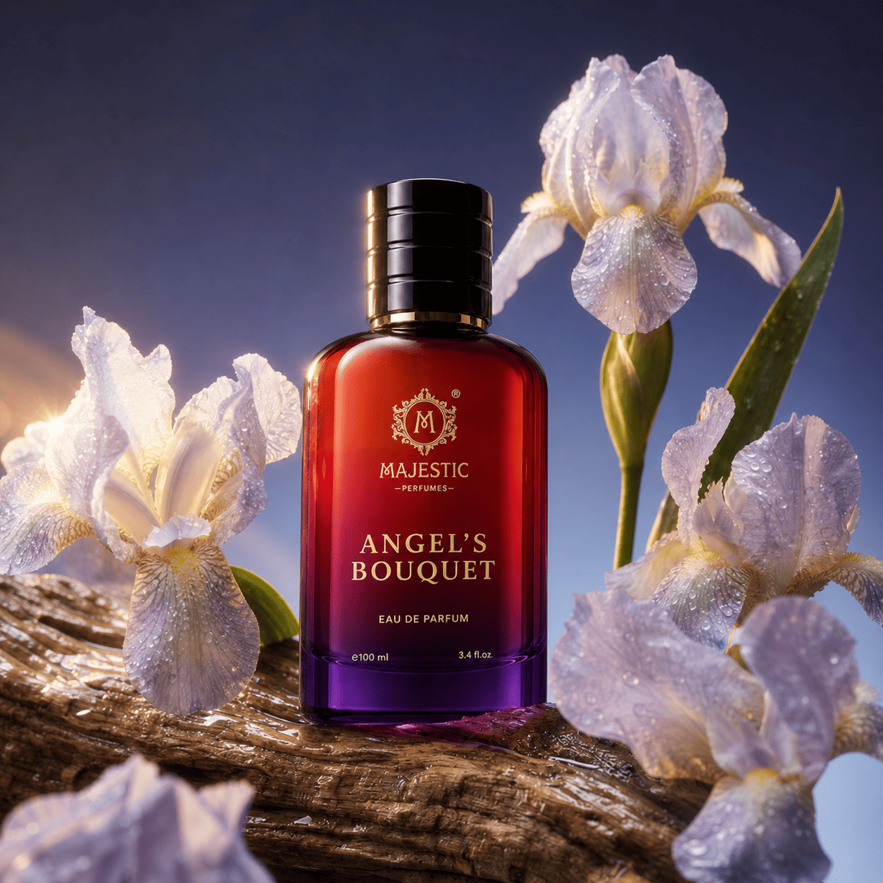 Elegant perfume bottle of Angel's Bouquet 100ML by Majestic Perfumes India, featuring a floral design and clear glass packaging.