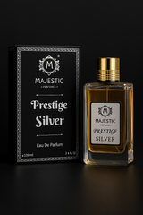 Majestic Perfumes India's Prestige Silver 100ml perfume bottle with sleek silver design and clear label.