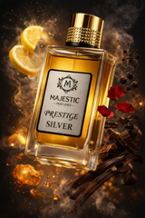 Majestic Perfumes India Prestige Silver 100ml perfume bottle with sleek silver design and clear cap on a white background