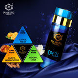 Majestic Perfumes India Spell 200ML perfume bottle with elegant design and clear label, showcasing a luxurious fragrance container.