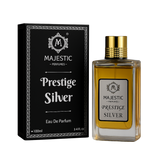 Majestic Perfumes India Prestige Silver perfume bottle, 100ml, with sleek silver packaging and elegant design.
